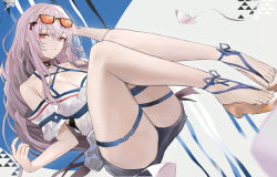 Rule 34 | 1girl, arknights, bare legs, bare shoulders, chinese commentary, commentary request, eyewear on head, hair between eyes, knees up, koio, long hair, looking at viewer, no headwear, off-shoulder shirt, off shoulder, official alternate costume, red eyes, sandals, shirt, short sleeves, silver hair, skadi (arknights), skadi (waverider) (arknights), solo, sunglasses, thigh strap, thighs, very long hair, white shirt