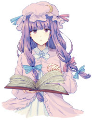 Rule 34 | 1girl, blue bow, blue ribbon, blush, book, bow, bowtie, crescent, crescent hair ornament, dress, frilled sleeves, frills, hair bow, hair ornament, hair ribbon, hat, highres, holding, holding book, long hair, looking at viewer, mob cap, open book, patchouli knowledge, purple dress, purple eyes, purple hair, red bow, red ribbon, ribbon, simple background, solo, touhou, tress ribbon, upper body, uranaishi (miraura), white background