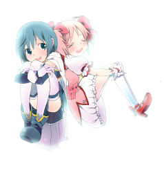 Rule 34 | 10s, 2girls, back-to-back, bad id, bad pixiv id, blue eyes, blue hair, bow, bubble skirt, cape, closed eyes, gloves, hair bow, highres, kaname madoka, magical girl, mahou shoujo madoka magica, mahou shoujo madoka magica (anime), miki sayaka, multiple girls, oomuro, oomuro (omuraisu), open mouth, pink hair, short hair, short twintails, sitting, skirt, smile, thighhighs, twintails, white background, white legwear, zettai ryouiki