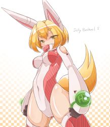 Rule 34 | 1girl, animal ears, bad id, bad pixiv id, black gloves, blonde hair, blush, breasts, checkered background, clothing cutout, covered navel, cowboy shot, fox ears, fox tail, gloves, gradient background, green eyes, high collar, highleg, highleg leotard, highres, leotard, looking at viewer, mastermamia, medium breasts, navel, original, red leotard, short hair, shoulder cutout, solo, tail, thighhighs, thighs