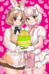 Rule 34 | 2girls, :3, a888 n22, animal ears, blue bow, blue bowtie, blush, bow, bowtie, brown bow, brown dress, brown eyes, brown fur, collared shirt, cowboy shot, domestic rabbit (kemono friends), dress, easter egg, egg, frilled dress, frilled sleeves, frills, from side, fur trim, gloves, hair between eyes, hair bow, heart, highres, kemono friends, light brown hair, looking at viewer, multicolored hair, multiple girls, pig (kemono friends), pig ears, pig girl, pig nose, pig tail, pink bow, pink bowtie, pink hair, pink thighhighs, pleated skirt, puffy short sleeves, puffy sleeves, rabbit ears, rabbit girl, rabbit tail, shirt, short hair, short sleeves, skirt, smile, tail, thighhighs, two-tone dress, two-tone hair, white bow, white dress, white gloves, white hair, white shirt, white skirt, zettai ryouiki