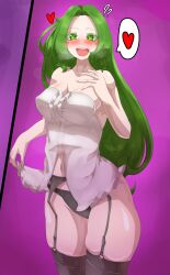 Rule 34 | 1girl, ?, ??, absurdres, alternate costume, black panties, black thighhighs, blush, breasts, cleavage, commentary, garter belt, garter straps, green eyes, groin, heart, heart-shaped pupils, highres, long hair, looking at viewer, medium breasts, mima (touhou), nightgown, open mouth, panties, purple background, sapiens, smile, solo, spoken heart, symbol-shaped pupils, thighhighs, touhou, touhou (pc-98), underwear, white nightgown