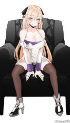Rule 34 | 1girl, absurdres, alternate costume, armchair, artist name, bare shoulders, black panties, black thighhighs, blonde hair, blush, boots, breasts, chair, cleavage, closed mouth, collarbone, commentary, commission, dress, english commentary, full body, g3 (girls&#039; frontline), garter straps, girls&#039; frontline, hair ornament, hairclip, high heel boots, high heels, highres, long hair, looking at viewer, medium breasts, panties, pantyshot, pixiv commission, purple eyes, sitting, smile, solo, thighhighs, underwear, white background, white dress, white footwear, wuwuwu (kriswu555)