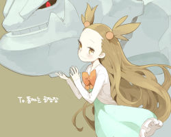 Rule 34 | 1girl, black sclera, blue dress, blush, bow, bowtie, brown background, brown eyes, brown hair, closed mouth, colored sclera, creatures (company), doremi, dress, floating hair, forehead, from side, game freak, gen 2 pokemon, gym leader, hands up, jasmine (pokemon), korean text, long hair, long sleeves, looking at viewer, looking to the side, nintendo, orange neckwear, pokemon, pokemon (creature), pokemon hgss, simple background, smile, standing, steelix, translation request