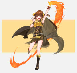 Rule 34 | 1girl, arm up, armor, breastplate, brown eyes, brown hair, delthea (fire emblem), dress, fang, fire emblem, fire emblem echoes: shadows of valentia, full body, futabaaf, highres, long hair, nintendo, open mouth, ponytail, simple background, solo