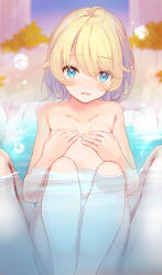 Rule 34 | 1boy, 1girl, ahoge, bath, bathing, bathtub, blonde hair, blue eyes, blush, breasts, collarbone, commentary, completely nude, covering breasts, covering nipples, covering privates, embarrassed, esia mariveninne (komone ushio), eyes visible through hair, highres, komone ushio, looking at viewer, mixed-sex bathing, navel, nude, nude cover, open mouth, original, paid reward available, partially submerged, pov, same-sex bathing, shared bathing, short hair, sitting, small breasts, swept bangs, water, wet
