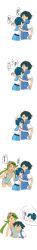 Rule 34 | 1boy, 1girl, 5koma, absurdres, ash ketchum, black hair, blue eyes, blue hair, blue vest, brown hair, chinese text, comic, creatures (company), flower hair ornament, game freak, green eyes, green hair, hair ornament, highres, hug, incredibly absurdres, lana (pokemon), long hair, long image, mallow (pokemon), nintendo, patting, pokemon, pokemon (anime), pokemon journeys, short hair, tall image, twintails, upper body, vest, white background
