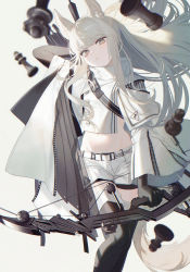 1girl, animal ears, arknights, bangs, bow, chess piece, grey eyes, highres, holding, holding weapon, horse ears, ji mag (artist), kneehighs, long hair, long sleeves, looking at viewer, pale skin, platinum (arknights), shirt, shorts, solo, stomach, weapon, white shirt