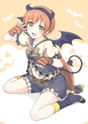 Rule 34 | 10s, 1girl, :d, bad id, bad pixiv id, bat wings, belt, blush, boots, cape, demon tail, fake horns, fingerless gloves, gloves, hairband, halloween, horns, hoshizora rin, love live!, love live! school idol festival, love live! school idol project, mobu, open mouth, orange hair, paw pose, pinstripe pattern, short hair, sitting, smile, solo, striped clothes, striped gloves, tail, wariza, wings, yellow eyes