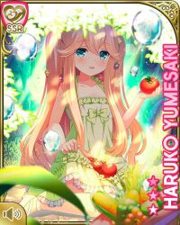 Rule 34 | 1girl, :d, alternate hairstyle, barefoot sandals (jewelry), bell pepper, blonde hair, bow, broccoli, card (medium), carrot, celery, character name, corn, cucumber, day, dress, food, frilled dress, frills, girlfriend (kari), green background, green bow, green dress, green eyes, holding, holding food, indoors, long hair, official art, open mouth, pepper, qp:flapper, sitting, smile, tagme, tomato, two side up, yumesaki haruko