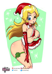 Rule 34 | 1girl, absurdres, ass, bare shoulders, bikini, bikini top only, blonde hair, blue eyes, border, breasts, christmas, closed mouth, clothes lift, collar, cowboy shot, elbow gloves, gloves, green background, hat, highres, large breasts, lips, long hair, looking at viewer, mario (series), mouth hold, nintendo, no panties, pink skirt, princess peach, red bikini, red gloves, red hat, santa hat, sasa tseng, simple background, sketch, skirt, skirt lift, solo, standing, super mario bros. 1, swimsuit, thigh strap, white border