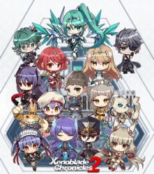 Rule 34 | 4boys, 6+girls, aegis sword (xenoblade), animal ears, beret, brighid (xenoblade), cat ears, chest jewel, chibi, dromarch (xenoblade), everyone, eyepatch, hat, highres, looking at viewer, low twintails, military hat, morag ladair (xenoblade), multiple boys, multiple girls, multiple persona, mythra (xenoblade), nia (blade) (xenoblade), nia (xenoblade), pandoria (xenoblade), pneuma (xenoblade), pointy ears, poppi (xenoblade), poppi alpha (xenoblade), poppi qt (xenoblade), poppi qtpi (xenoblade), pyra (xenoblade), rex (xenoblade), sword, tiara, tora (xenoblade 2), twintails, weapon, xenoblade chronicles (series), xenoblade chronicles 2, zeke von genbu (xenoblade), zer00han