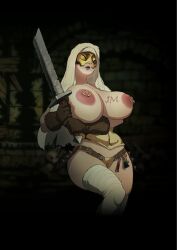 Rule 34 | 1girl, armor, artist request, bandaged leg, bandages, belt, bottle, breasts, broken, broken weapon, corset, covered eyes, cowboy shot, cuts, darkest dungeon, faulds, genderswap, gloves, holding, holding sword, holding weapon, injury, large breasts, leper (darkest dungeon), mask, nipple piercing, nipple rings, nipples, no bra, open mouth, piercing, simple background, solo, sword, thighhighs, topless, torn clothes, uncensored, veil, warrior, weapon