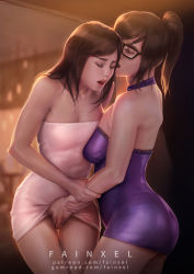 Rule 34 | 2girls, alternate costume, arm grab, artist name, ass, bad anatomy, bare shoulders, between legs, black-framed eyewear, breast press, breasts, brown hair, closed eyes, cowboy shot, d.va (overwatch), dress, eyelashes, fainxel, female focus, fingering, glasses, halter dress, halterneck, hand between legs, highres, holding another&#039;s wrist, indoors, kiss, large breasts, lips, long hair, medium breasts, mei (overwatch), moaning, multiple girls, open mouth, overwatch, overwatch 1, ponytail, purple dress, short dress, short hair, standing, strapless, strapless dress, swept bangs, tube dress, watermark, web address, white dress, yuri
