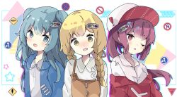Rule 34 | !, 3girls, :d, ;o, baseball cap, blonde hair, blouse, blue eyes, blue hair, blue jacket, blush, braid, brown dress, brown eyes, brown hair, collared shirt, commentary, dress, dress shirt, grey shirt, hair ornament, hat, head tilt, highres, jacket, long hair, looking at viewer, multiple girls, no entry sign, no u-turn sign, nose blush, off shoulder, one eye closed, open clothes, open jacket, open mouth, original, parted lips, personification, ponytail, red jacket, road sign, shirt, sign, smile, symbol-only commentary, tsukiyo (skymint), twin braids, two side up, upper body, wavy mouth, white background, white headwear, white shirt