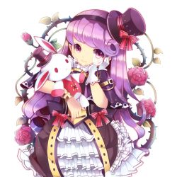 Rule 34 | 1girl, bad id, bad pixiv id, bow, bracelet, capelet, dress, flower, frills, gloves, gown, hairband, hand on own cheek, hand on own face, hat, jewelry, long hair, lunaticmed, mini hat, mini top hat, monocle, original, plant, purple eyes, red bow, red flower, red rose, rose, single glove, solo, steampunk, stuffed animal, stuffed rabbit, stuffed toy, top hat, very long hair, vines, white background, white gloves