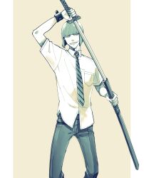 Rule 34 | 1boy, ai (ai1470), bleach, commentary, denim, grin, highres, hirako shinji, holding, holding sword, holding weapon, jeans, looking at viewer, looking to the side, male focus, necktie, pants, sheath, shirt, short hair, short sleeves, smile, solo, standing, sword, teeth, unsheathing, weapon