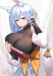 Rule 34 | 1girl, alternate breast size, animal ear fluff, animal ears, apron, black bodysuit, blue hair, bodysuit, book, braid, braided ponytail, breasts, carrot in pocket, cleavage, commentary, detached sleeves, hanh chu, highres, holding, holding book, hololive, huge breasts, impossible clothes, long hair, mature female, multicolored hair, pekomama, rabbit ears, rabbit girl, red eyes, short eyebrows, smile, solo, streaked hair, symbol-only commentary, virtual youtuber, white apron, white hair, white sleeves