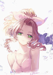 Rule 34 | aerith gainsborough, artist name, bare arms, bare shoulders, braid, braided ponytail, breasts, brown hair, bubble, cat princess, cleavage, dress, final fantasy, final fantasy vii, final fantasy vii remake, green eyes, hair ribbon, long hair, looking at viewer, medium breasts, parted bangs, pink dress, pink ribbon, ribbon, sidelocks, smile, upper body, white background