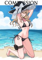 Rule 34 | 1girl, absurdres, armpits, bikini, black bikini, blonde hair, blush, bow, braid, breasts, commentary request, commission, english text, full body, hair bow, hat, hat bow, highres, himadera, kirisame marisa, kneeling, long hair, looking at viewer, ocean, open mouth, pouch, presenting armpit, side-tie bikini bottom, side braid, single braid, skeb commission, sky, small breasts, smile, solo, swimsuit, thigh pouch, touhou, twitter username, white bow, witch hat, yellow eyes