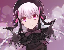 Rule 34 | 10s, 1girl, blush, braid, dress, fate/extra, fate (series), frills, hat, long hair, nursery rhyme (fate), pink eyes, pink hair, purple background, ribbon, smile