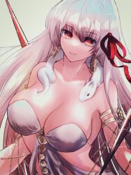 Rule 34 | 1girl, armlet, bare shoulders, belly chain, breasts, cleavage, collarbone, durga (fate), earrings, fate/grand order, fate (series), grey hair, hair ribbon, highres, jewelry, large breasts, long hair, looking at viewer, pelvic curtain, red eyes, revealing clothes, ribbon, sash, satou nui, snake, solo, sparkle, very long hair