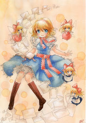 Rule 34 | 1girl, alice margatroid, apron, blonde hair, blue dress, blue eyes, book, boots, bow, brown footwear, capelet, cross-laced footwear, dress, hair bow, hourai doll, knee boots, lace-up boots, mosho, open mouth, painting (medium), puffy short sleeves, puffy sleeves, red dress, sash, shanghai doll, short sleeves, smile, touhou, traditional media, waist apron, watercolor (medium)