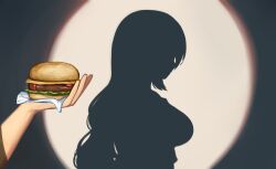 Rule 34 | 1girl, breasts, burger, cheese, commentary, different shadow, food, food wrapper, from side, highres, holding, holding food, hololive, hololive indonesia, hololive shadow puppet (meme), ketchup, large breasts, lettuce, long hair, meme, moona hoshinova, pov, pov hands, profile, rem moon, shadow, sidelocks, silhouette, solo focus, spotlight, symbol-only commentary, upper body, very long hair, virtual youtuber