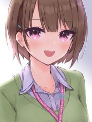 Rule 34 | 1girl, :d, blush, breasts, brown hair, cardigan, commentary request, dress shirt, gradient background, green cardigan, grey background, grey shirt, hair ornament, hairclip, harusaki nodoka, highres, hololive, lanyard, looking at viewer, medium breasts, office lady, open mouth, oriyos, pink eyes, shirt, short hair, smile, solo, swept bangs, teeth, upper teeth only, virtual youtuber, white background