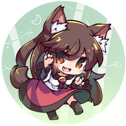 Rule 34 | 1girl, :d, animal ear fluff, animal ears, black footwear, blush stickers, brown hair, chibi, crescent moon, dress, fang, full body, green background, imaizumi kagerou, isu (is88), long hair, long sleeves, looking at viewer, moon, open mouth, red dress, red eyes, skin fang, smile, solo, tail, touhou, two-tone dress, white dress, wolf ears, wolf tail