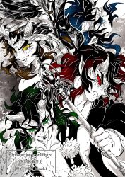 Rule 34 | 4boys, :p, absurdres, aizetsu (kimetsu no yaiba), black hair, blue eyes, blue hair, colored sclera, cracked skin, demon, demon boy, demon horns, fangs, feathered wings, fingernails, furrowed brow, green eyes, green hair, greyscale, hantengu (kimetsu no yaiba), hayate aki, highres, holding, holding staff, horns, japanese clothes, karaku (kimetsu no yaiba), kimetsu no yaiba, kimono, long hair, looking at another, male focus, monochrome, multicolored hair, multiple boys, oni, oni horns, open mouth, partially colored, pointy ears, red eyes, red hair, sekido (kimetsu no yaiba), smile, staff, tongue, tongue out, twitter username, two-tone hair, upper body, urogi (kimetsu no yaiba), v-shaped eyebrows, wings, yellow eyes