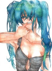 Rule 34 | 1girl, aqua eyes, aqua hair, bad id, bad pixiv id, breasts, cleavage, clenched teeth, fingersmile, hatsune miku, lips, long hair, simple background, solo, teeth, traditional media, twintails, vocaloid, yamiko (black-g-d-s), yamiko (pixiv509507)