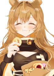 Rule 34 | 1girl, :t, ^ ^, animal ears, arknights, bag, black shirt, blush, breasts, brown hair, ceobe (arknights), chocolate chip cookie, cleavage, cleavage cutout, closed eyes, closed mouth, clothing cutout, commentary request, cookie, dog ears, eating, facing viewer, food, food on face, holding, holding food, long hair, long sleeves, medium breasts, paper bag, puffy long sleeves, puffy sleeves, raramente, shirt, simple background, solo, upper body, wavy mouth, white background
