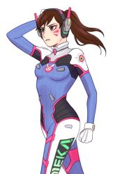 Rule 34 | 1girl, acronym, alternate hairstyle, animal print, armor, bodysuit, boots, bracer, breasts, breasts apart, brown eyes, brown hair, clenched hand, cowboy shot, d.va (overwatch), facepaint, facial mark, gloves, hand on own head, hand up, headphones, legs apart, long hair, long sleeves, m mim, medium breasts, open mouth, overwatch, overwatch 1, pauldrons, pilot suit, ponytail, rabbit print, ribbed bodysuit, shoulder armor, shoulder pads, simple background, skin tight, solo, thigh boots, thigh strap, thighhighs, turtleneck, walking, weapon, whisker markings, white background, white footwear, white gloves