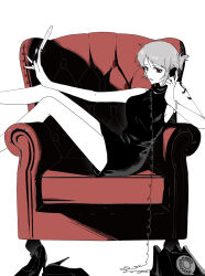Rule 34 | 1girl, absurdres, arm tattoo, armchair, bare arms, bare legs, black dress, black footwear, bracelet, breasts, chair, dagger, dress, easy chair, expressionless, feet out of frame, female focus, grey hair, high heels, highres, holding, holding dagger, holding knife, holding phone, holding weapon, jewelry, knife, looking at viewer, medium breasts, monochrome, nami (one piece), nose, on chair, one piece, open mouth, phone, pumps, red theme, shoes, short dress, short hair, simple background, sitting, sleeveless, sleeveless dress, solo, stiletto heels, tattoo, telephone, teleport, unworn shoes, weapon, white background, yukina megumi