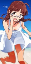 Rule 34 | absurdres, aircraft, airplane, akizuki ritchan, akizuki ritsuko, antenna hair, barefoot, blue sky, breasts, brown eyes, brown hair, cleavage, collarbone, contrail, day, dress, highres, idolmaster, idolmaster (classic), leaning forward, lens flare, long hair, looking at viewer, open mouth, outdoors, see-through, short dress, sky, sleeveless, sleeveless dress, small breasts, summer, sundress, wavy mouth, white dress