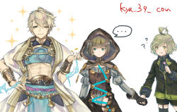 Rule 34 | 3boys, ?, ahoge, aladdin (sinoalice), armor, blonde hair, blue eyes, blunt bangs, bob cut, breastplate, brown hair, candy, choker, closed mouth, clueless, food, green eyes, green hair, gretel (sinoalice), holding, holding candy, holding food, holding hands, hood, hood up, jacket, jealous, kyashii (a3yu9mi), lollipop, looking at another, looking at viewer, male focus, multicolored hair, multiple boys, pinocchio (sinoalice), short hair, shorts, signature, simple background, sinoalice, smile, sparkle, thighhighs, trap, twitter username, two-tone hair, white background, zettai ryouiki