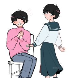 Rule 34 | 1girl, black eyes, black hair, blush, bowl cut, chair, closed eyes, closed mouth, commentary, english commentary, genderswap, genderswap (mtf), grey pants, hair ornament, hairclip, highres, kageyama shigeo, kaogens, long sleeves, looking at viewer, mob psycho 100, multiple views, open mouth, own hands clasped, own hands together, pants, pink sweater, sailor collar, school uniform, serafuku, shirt, short hair, simple background, sitting, skirt, standing, sweater, white background, white shirt