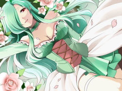 Rule 34 | 1girl, bad id, bad pixiv id, bare shoulders, breasts, choker, cleavage, creatures (company), dutch angle, flower, frills, from above, game freak, gardevoir, gen 3 pokemon, green hair, green skirt, green theme, hair over one eye, hirococo, large breasts, leaf, long hair, long sleeves, looking at viewer, lying, nintendo, on back, personification, petals, pokemon, red eyes, skirt, smile, solo, swept bangs, thigh strap, thighhighs, zettai ryouiki