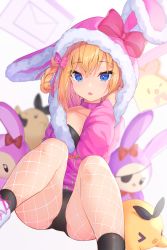 Rule 34 | 1girl, azur lane, bed, blonde hair, blue eyes, blurry, blurry background, breasts, commentary request, hair between eyes, highres, leotard, looking at viewer, manjuu (azur lane), mishuo (misuo69421), official alternate costume, open mouth, playboy bunny, ribbon, short hair, sitting, small breasts, solo, stephen potter (azur lane), stephen potter (chillaxation station) (azur lane), stuffed animal, stuffed rabbit, stuffed toy