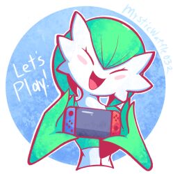 artist_name blush bob_cut closed_eyes colored_skin creatures_(company) game_freak gardevoir gen_3_pokemon green_hair green_skin highres joy-con multicolored_skin mysticwaffle nintendo nintendo_switch open_mouth pokemon pokemon_(creature) smile two-tone_skin white_skin