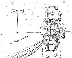 Rule 34 | 1girl, ?, ??, commentary, double bun, english commentary, english text, fallenspherell, furrowed brow, gloves, greyscale, gun, hair bun, hair ornament, hair ribbon, highres, holding, hololive, jacket, looking to the side, medium hair, military, military jacket, monochrome, pouch, ribbon, russo-ukrainian war, sidelocks, sign, sketch, skull hair ornament, solo, ukrainian text, uruha rushia, virtual youtuber, weapon, weapon on back