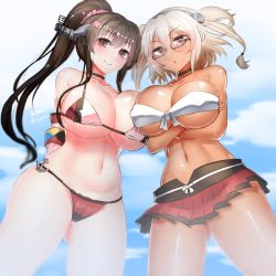 Rule 34 | 10s, 2girls, adapted costume, bikini, breasts, brown eyes, brown hair, choker, crossed arms, dark skin, dark-skinned female, doyouwantto, flower, glasses, hair flower, hair ornament, headgear, kantai collection, large breasts, long hair, midriff, multiple girls, musashi (kancolle), navel, ponytail, smile, swimsuit, two side up, very long hair, yamato (kancolle)