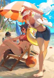 Rule 34 | 2girls, ;d, absurdres, arknights, bare legs, barefoot, beach, beach umbrella, bikini, bird, blue sky, cloud, commentary request, day, denim, denim shorts, exusiai (arknights), halo, highres, multiple girls, navel, ocean, one eye closed, open clothes, open mouth, open shirt, outdoors, palm tree, penguin, red bikini, red eyes, red hair, shirt, shorts, sitting, sky, smile, stomach, sunglasses, swimsuit, tail, tangguanguanguanguanguanguan, texas (arknights), emperor (arknights), thighs, tree, umbrella, visor cap, water, white bikini, white shirt, wolf tail