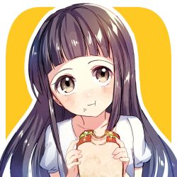 Rule 34 | 1girl, black hair, blunt bangs, brown eyes, closed mouth, eating, food, food on face, highres, holding, holding food, hozumi rino, long hair, looking at viewer, outline, sandwich, shirt, simple background, solo, sword art online, upper body, white outline, white shirt, yellow background, yui (sao)