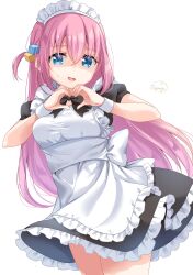 Rule 34 | 1girl, alternate costume, apron, artist name, black bow, black bowtie, blue eyes, bocchi the rock!, bow, bowtie, breasts, cowboy shot, enmaided, eyebrows hidden by hair, frilled apron, frills, gotoh hitori, hair between eyes, hair ornament, hand up, head tilt, heart, heart hands, highres, large breasts, long hair, looking at viewer, maid, maid apron, maid headdress, one side up, open mouth, pink hair, shaded face, short sleeves, shy, signature, simple background, solo, sugutsuka rerun, sweatdrop, very long hair, white apron, white background