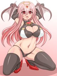Rule 34 | 1girl, :d, arm behind head, armpits, arms up, bad id, bad pixiv id, black panties, black thighhighs, blush, breasts, cameltoe, cleavage, cleavage cutout, clothing cutout, crop top, cross-laced clothes, curvy, demon girl, demon wings, eyebrows, fangs, full body, gem, gradient background, groin, hair between eyes, halterneck, head wings, heart, heart-shaped pupils, heart cutout, high heels, highres, large breasts, long hair, midriff, milk lemon tea, navel, open mouth, original, panties, pink background, pink hair, red eyes, red footwear, shoes, sideboob, skin tight, sleeveless, smile, solo, squatting, stomach, string panties, symbol-shaped pupils, teeth, thighhighs, toned, tongue, underwear, wide hips, wings