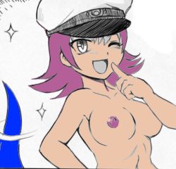 Rule 34 | 1girl, anna (karbo), breasts, colorized, felarya, hat, karbo, lamia, medium breasts, monster girl, nipples, nude, one eye closed, open mouth, pink hair, smile, tail, third-party edit