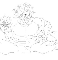 Rule 34 | 1boy, 1girl, artist request, biceps, blank eyes, blush stickers, creatures (company), crossed legs, crossover, fang, fangs, full body, game freak, grappler baki, grin, hanma yujiro, happy, hug, large pectorals, manly, mask, unworn mask, monochrome, muscular, nintendo, ogerpon, pants, pectorals, pokemon, pokemon (creature), shirt, short hair, simple background, sitting, size difference, smile, star (symbol), trait connection, white background
