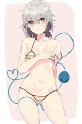 Rule 34 | 1girl, :t, bare arms, bare legs, bare shoulders, bikini, blush, breasts, brown eyes, cleavage, closed mouth, collarbone, contrapposto, cowboy shot, eyebrows, frilled bikini, frills, hand on own chest, heart, heart of string, komeiji koishi, looking at viewer, navel, nochita shin, pink background, pout, short hair, silver hair, simple background, solo, standing, stomach, strap slip, string, swimsuit, third eye, touhou, yellow bikini